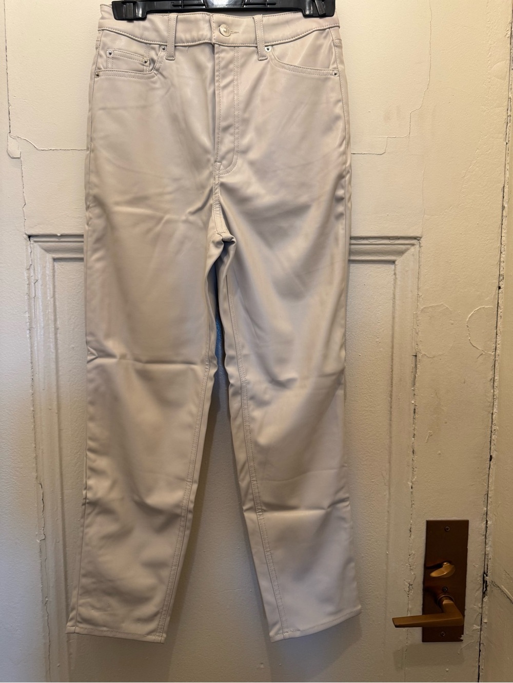 H&M Faux Leather Straight Leg Women's Pants in Cream